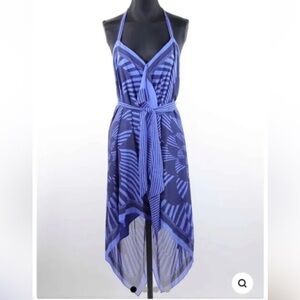 BCBGMaxAzria Evan Blue Abstract Silk Dress with tie waist.